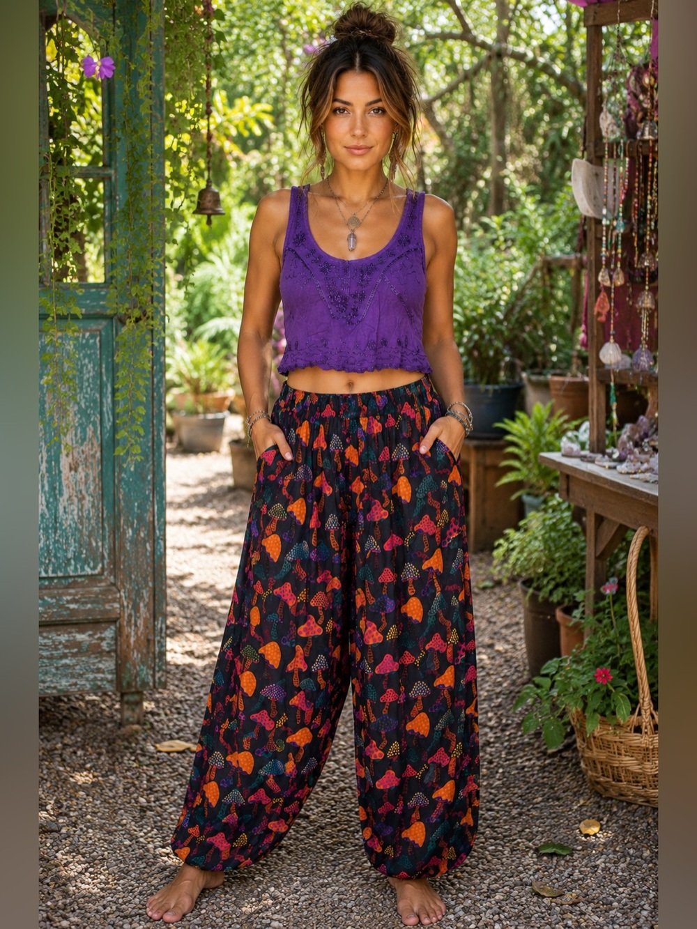 NWT Rhea Festive Mushroom Pants & Embroidered Crop Top Set S/M Boho Festival A30